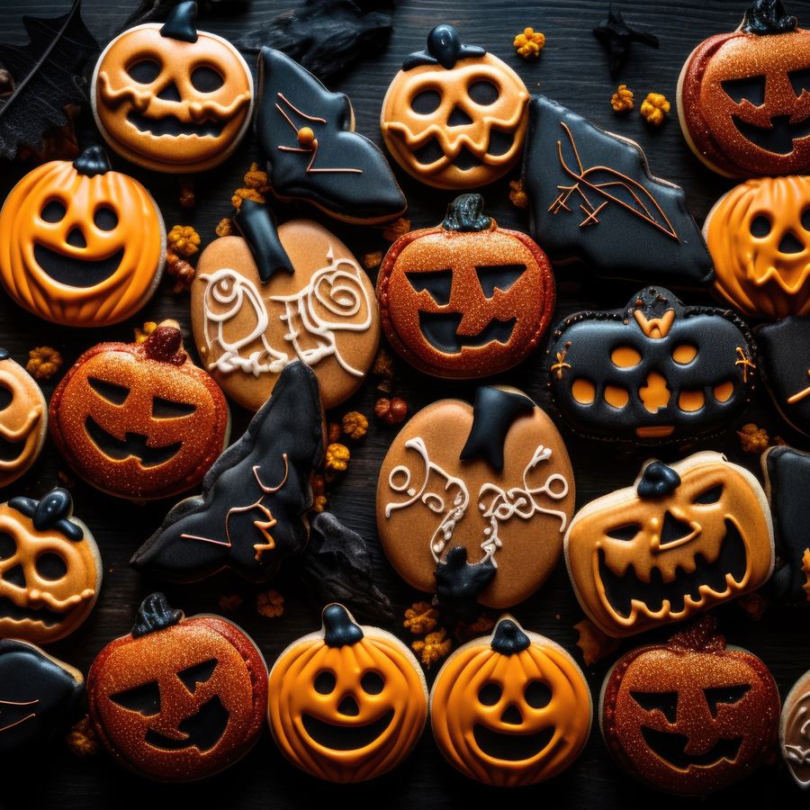 Biscotti a forma di zucca e pipistrelli di cioccolato su un piano scuro